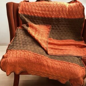 HAND KNIT Striped Orange Throw Blanket